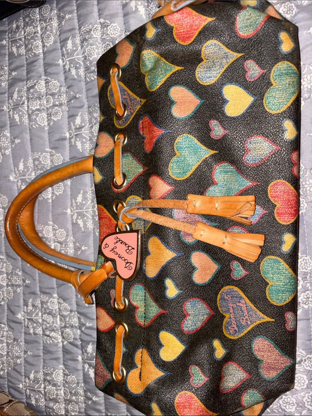 Dooney & Bourke Black Multicolor Heart Print Tote with Tan Leather Trim